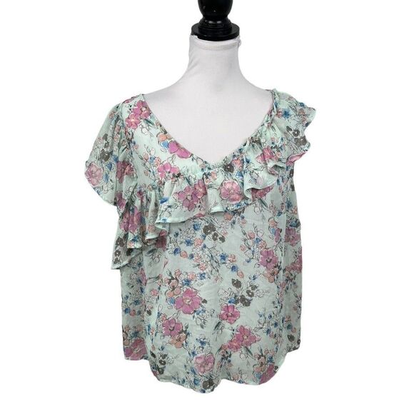 A New Day Blouse Plus 1X Floral Boho Cottagecore Sheer Ruffled V Neck Flowy Top - Picture 1 of 11